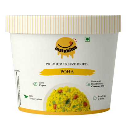Container of Instabites premium freeze-dried Poha with branding and product details on a black background.